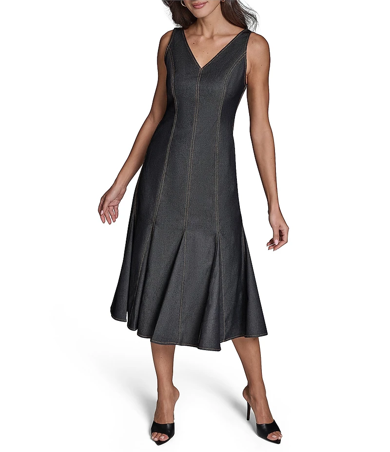 BCBG Sleeveless Denim V-Neck A-Line Midi Dress