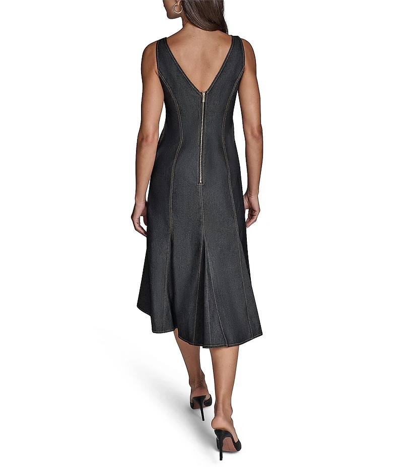 BCBG Sleeveless Denim V-Neck A-Line Midi Dress