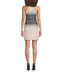 BCBG Sleeveless Dotted Crew Neck Sheath Mini Dress