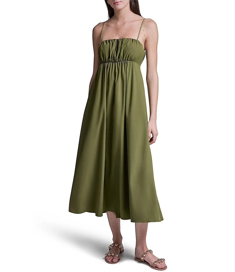 BCBG Square Neck Empire Waist Side Pocket Everyday Stretch Midi Dress