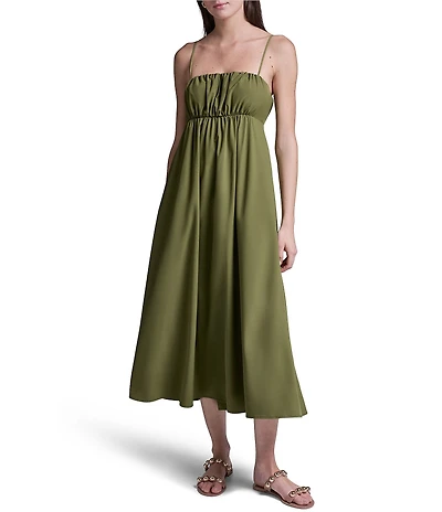 BCBG Square Neck Empire Waist Side Pocket Everyday Stretch Midi Dress