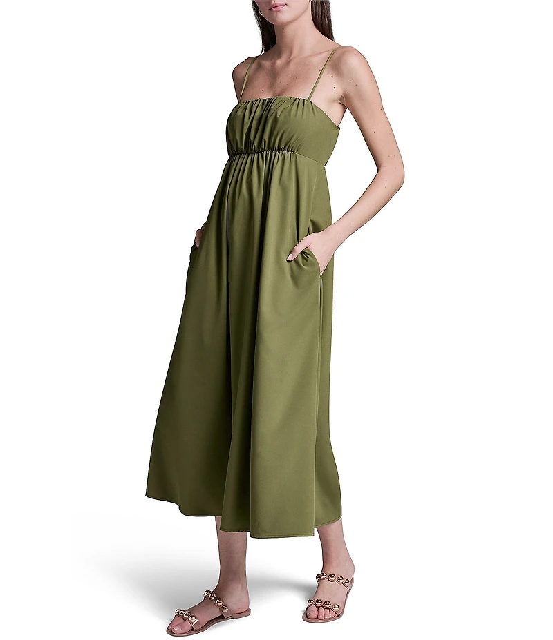BCBG Square Neck Empire Waist Side Pocket Everyday Stretch Midi Dress