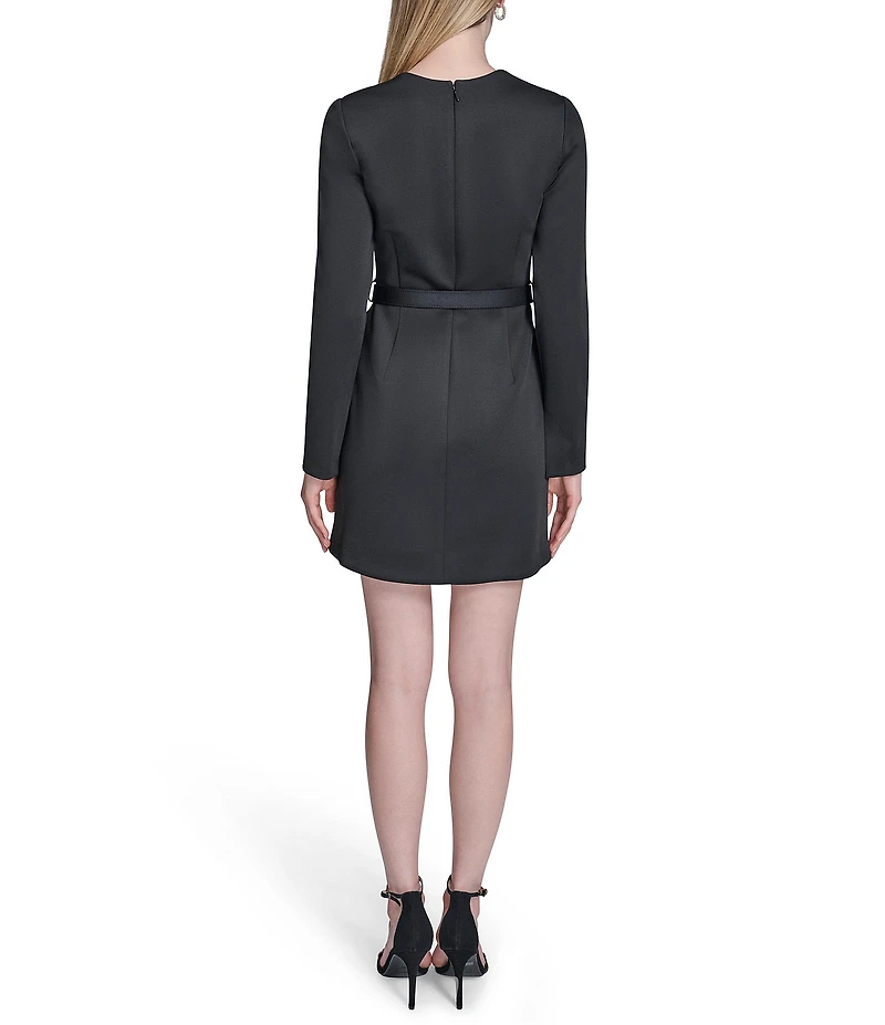 BCBG Square Neck Long Sleeve Belted Faux Flap Pockets Scuba Crepe Sheath Dress