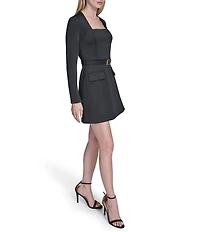 BCBG Square Neck Long Sleeve Belted Faux Flap Pockets Scuba Crepe Sheath Dress