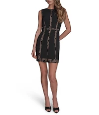 BCBG Stretch Crepe Crew Neck Sleeveless Lace Inset Sheath Mini Dress