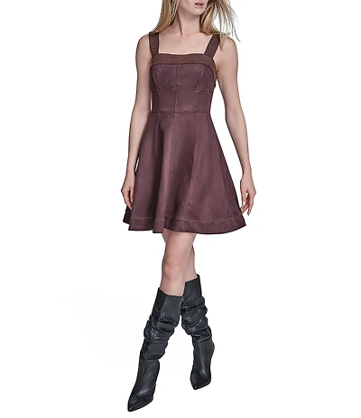 BCBG Suede Square Neck Sleeveless Wide Strap Fit & Flare Dress