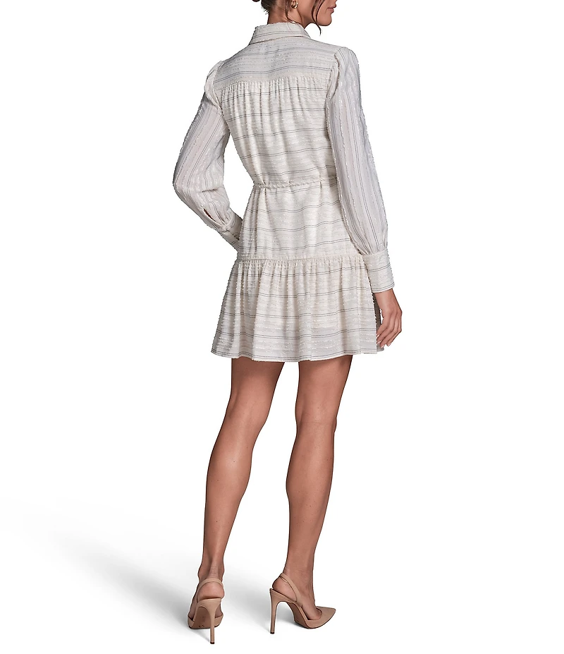 BCBG Textured Stripe Long Sleeve Button Front Collared A-Line Shirtdress