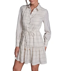 BCBG Textured Stripe Long Sleeve Button Front Collared A-Line Shirtdress