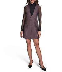 BCBG Two Piece Mock Neck Long Sleeve Mesh Top with Gingham Ponte Jumper Dress Set