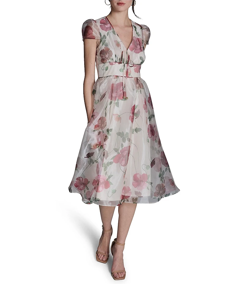 BCBG V-neck Cap Sleeve Floral Organza Midi Dress