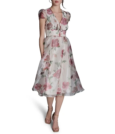 BCBG V-neck Cap Sleeve Floral Organza Midi Dress
