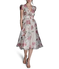BCBG V-neck Cap Sleeve Floral Organza Midi Dress