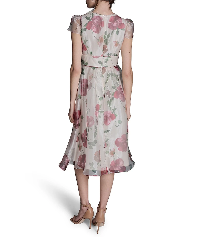 BCBG V-neck Cap Sleeve Floral Organza Midi Dress