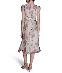BCBG V-neck Cap Sleeve Floral Organza Midi Dress