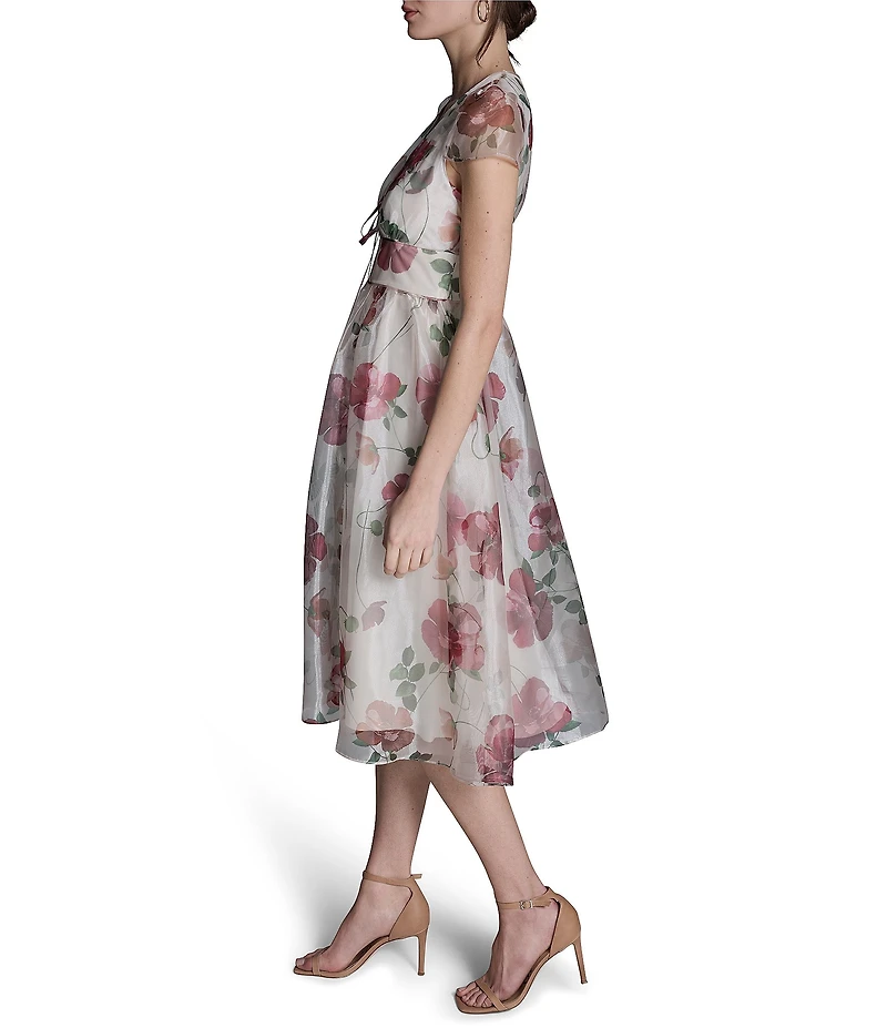 BCBG V-neck Cap Sleeve Floral Organza Midi Dress