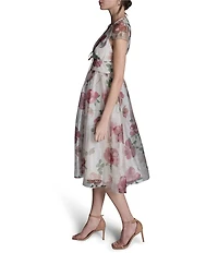 BCBG V-neck Cap Sleeve Floral Organza Midi Dress