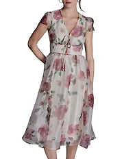 BCBG V-neck Cap Sleeve Floral Organza Midi Dress