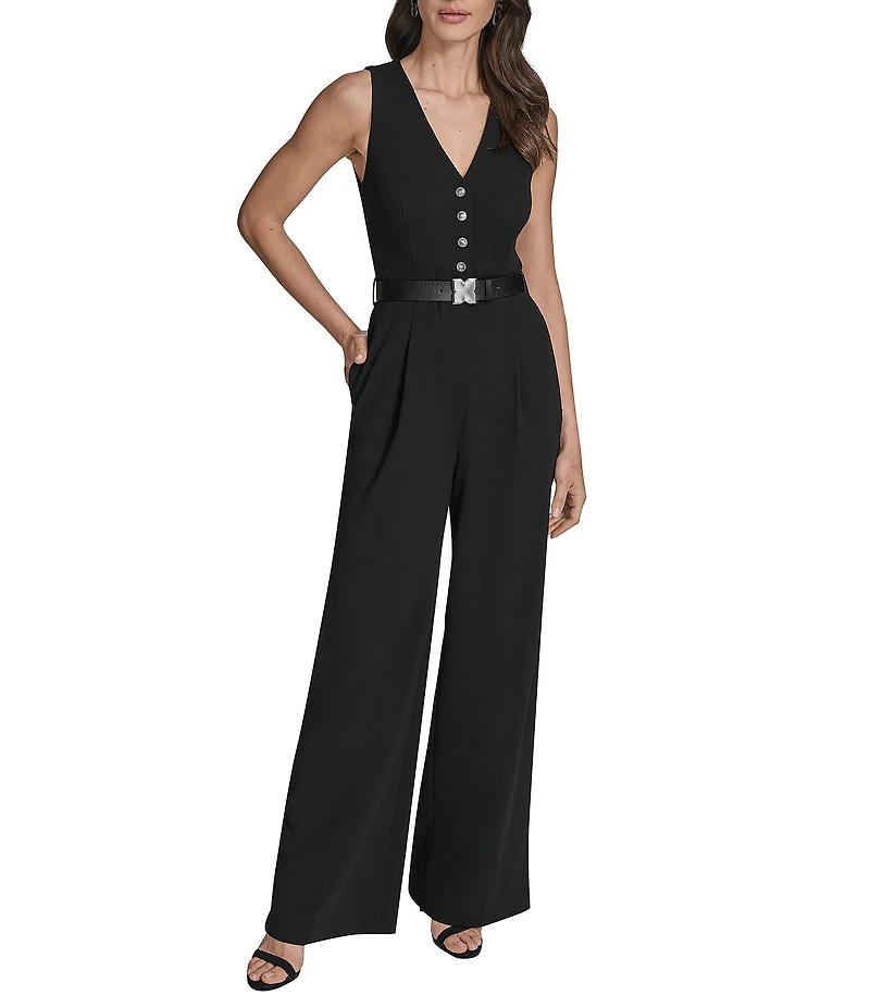 BCBG V-neck Sleevless Button Front Detail Belted Scuba Crepe Jumpsuit