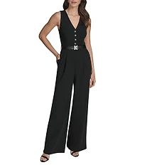 BCBG V-neck Sleevless Button Front Detail Belted Scuba Crepe Jumpsuit