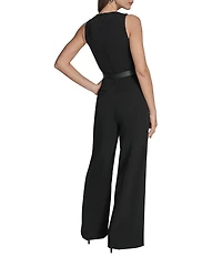 BCBG V-neck Sleevless Button Front Detail Belted Scuba Crepe Jumpsuit