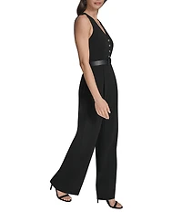 BCBG V-neck Sleevless Button Front Detail Belted Scuba Crepe Jumpsuit