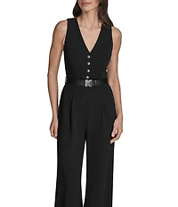 BCBG V-neck Sleevless Button Front Detail Belted Scuba Crepe Jumpsuit