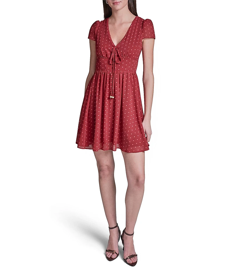 BCBG V-neck Tie Front Dotted Chiffon Empire Waist Dress