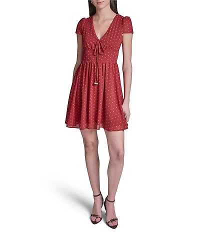 BCBG V-neck Tie Front Dotted Chiffon Empire Waist Dress