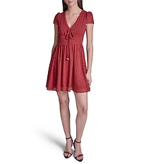 BCBG V-neck Tie Front Dotted Chiffon Empire Waist Dress