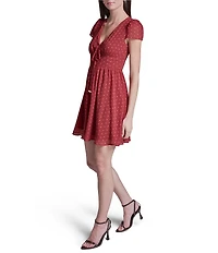 BCBG V-neck Tie Front Dotted Chiffon Empire Waist Dress