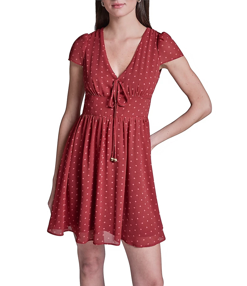 BCBG V-neck Tie Front Dotted Chiffon Empire Waist Dress