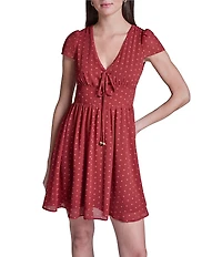 BCBG V-neck Tie Front Dotted Chiffon Empire Waist Dress