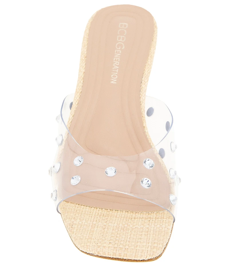 BCBGeneration Inika 2 Rhinestone Studded Clear Vinyl Kitten Heel Slide Sandals