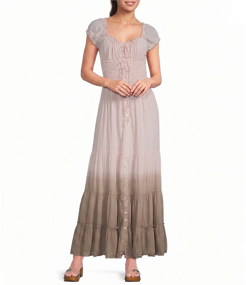 BDG Urban Outfitters Samira Square Tie Front Neckline Short Sleeve Ombre Maxi Dress