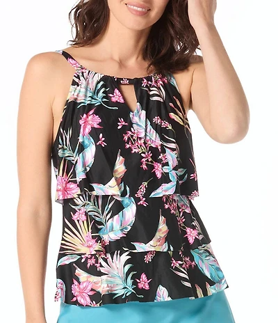Beach House Endless Summer Floral Print High Neck Ruffle Tankini Swim Top
