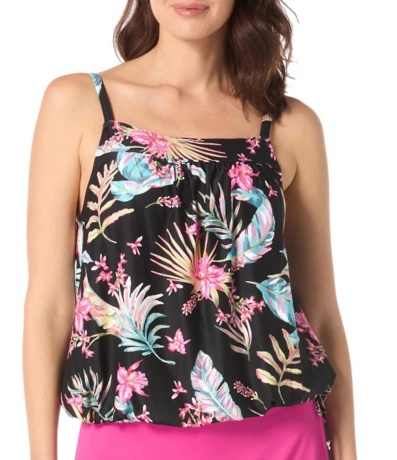 Beach House Endless Summer Tropical Floral Print Square Neck Side Tie Tankini Swim Top