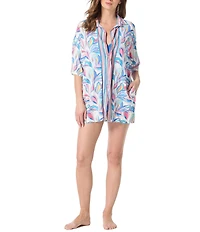 Beach House Harper Point Collar Drop Sleeves Button Front Shirt Swim Cover-Up