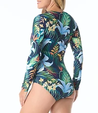Beach House Midnight Tropical Emerge Long Sleeve Shirred Zip Front One Piece Swimsuit