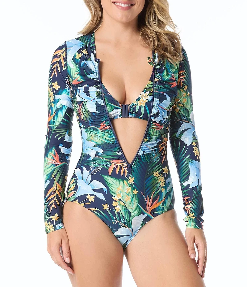Beach House Midnight Tropical Emerge Long Sleeve Shirred Zip Front One Piece Swimsuit
