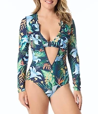 Beach House Midnight Tropical Emerge Long Sleeve Shirred Zip Front One Piece Swimsuit