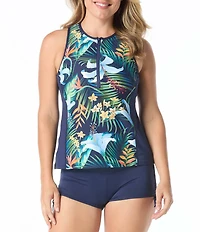 Beach House Midnight Tropical Zip Front Racerback Tankini Swim Top