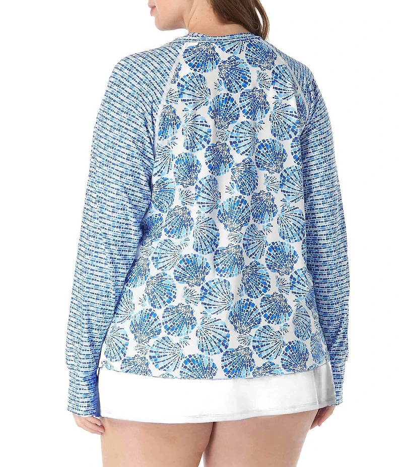 Beach House Plus Size Shoreline Shells Scarlet Long Sleeve Zip Front Rashguard Swim Cover-Up