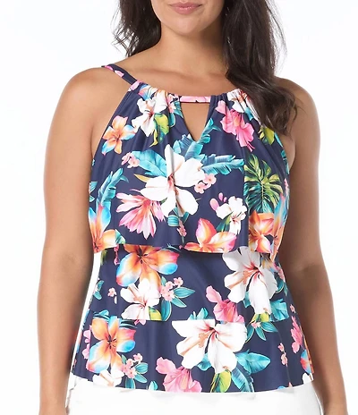 Beach House Plus Size Vibrant Vacay Tropical High Neck Ruffle Tankini Swim Top