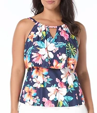 Beach House Plus Size Vibrant Vacay Tropical High Neck Ruffle Tankini Swim Top