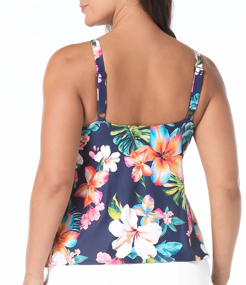 Beach House Plus Size Vibrant Vacay Tropical High Neck Ruffle Tankini Swim Top