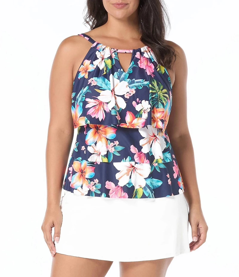 Beach House Plus Size Vibrant Vacay Tropical High Neck Ruffle Tankini Swim Top