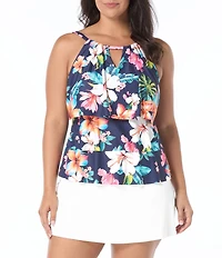 Beach House Plus Size Vibrant Vacay Tropical High Neck Ruffle Tankini Swim Top