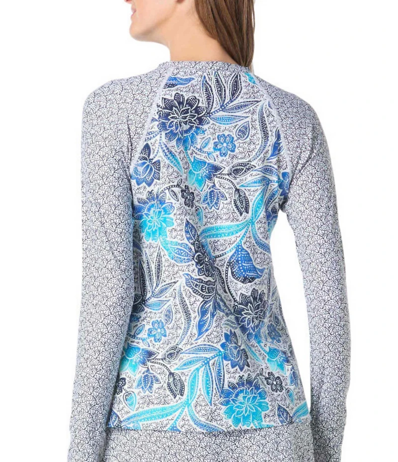 Beach House Samoan Floral Mary Long Sleeve Front Zip Rashguard Swim Cover-Up