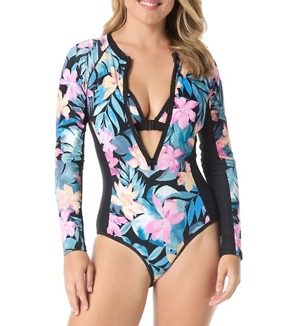Beach House Wild Calypso Tropical Floral Long Sleeve Rashguard One Piece Swimsuit