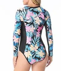 Beach House Wild Calypso Tropical Floral Long Sleeve Rashguard One Piece Swimsuit